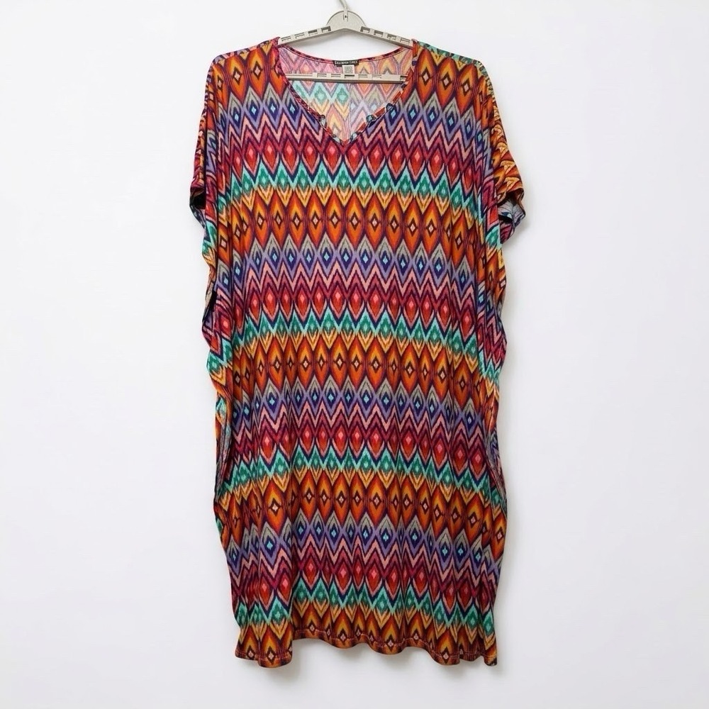 Elegant Emily Kaftan Dress Multicolor Aztec Geometric Stretchy Cover Up One Size